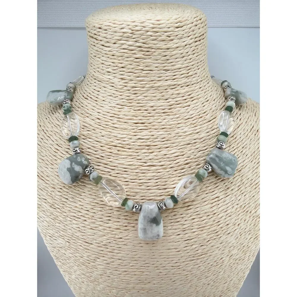 Handmade Green Jasper and Clear Quartz Statement Necklace and Earring Set